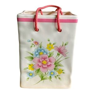 Vtg FTD ceramic Gitt Bag planter vase Spring posy wildflower nosegay pink border